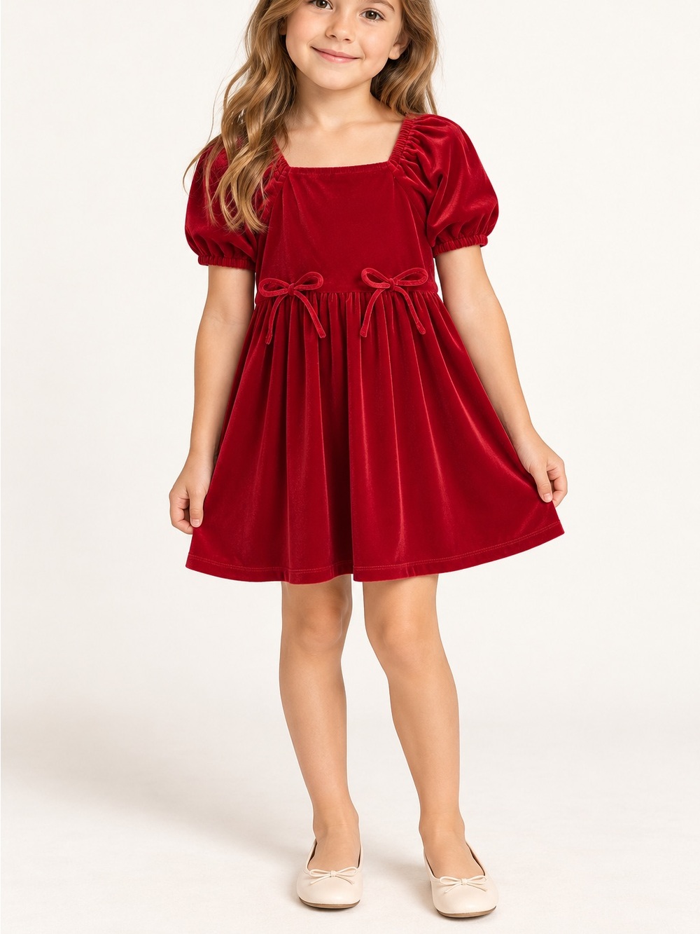 NWT Copper Key Girls Velvet Margo Bow Dress Red Puff Sleeve Size 6